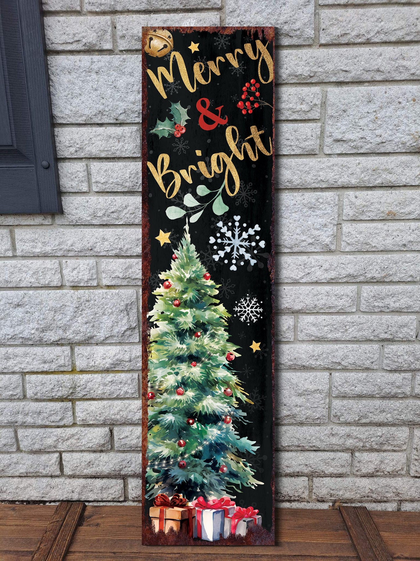 36in Merry & Bright Christmas Porch Sign - Front Porch Christmas Welcome Sign, Modern Farmhouse Entryway Board