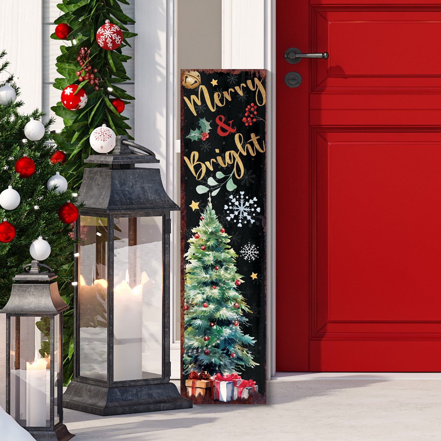 36in Merry & Bright Christmas Porch Sign - Front Porch Christmas Welcome Sign, Modern Farmhouse Entryway Board