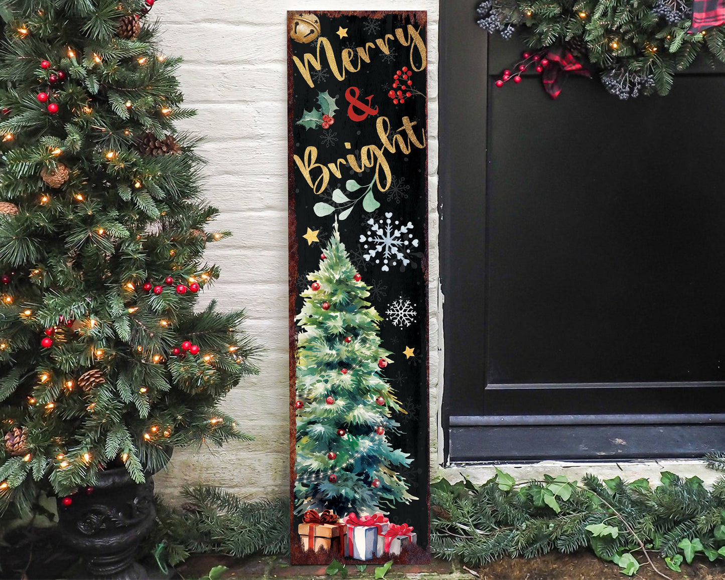 36in Merry & Bright Christmas Porch Sign - Front Porch Christmas Welcome Sign, Modern Farmhouse Entryway Board