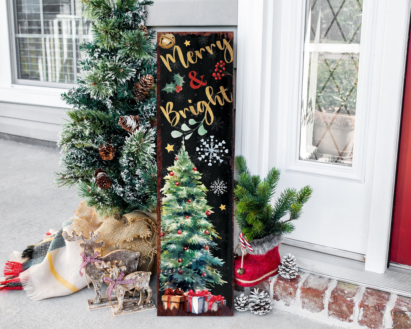 36in Merry & Bright Christmas Porch Sign - Front Porch Christmas Welcome Sign, Modern Farmhouse Entryway Board