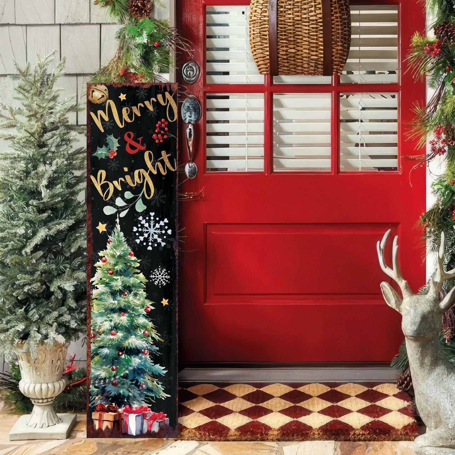 36in Merry & Bright Christmas Porch Sign - Front Porch Christmas Welcome Sign, Modern Farmhouse Entryway Board
