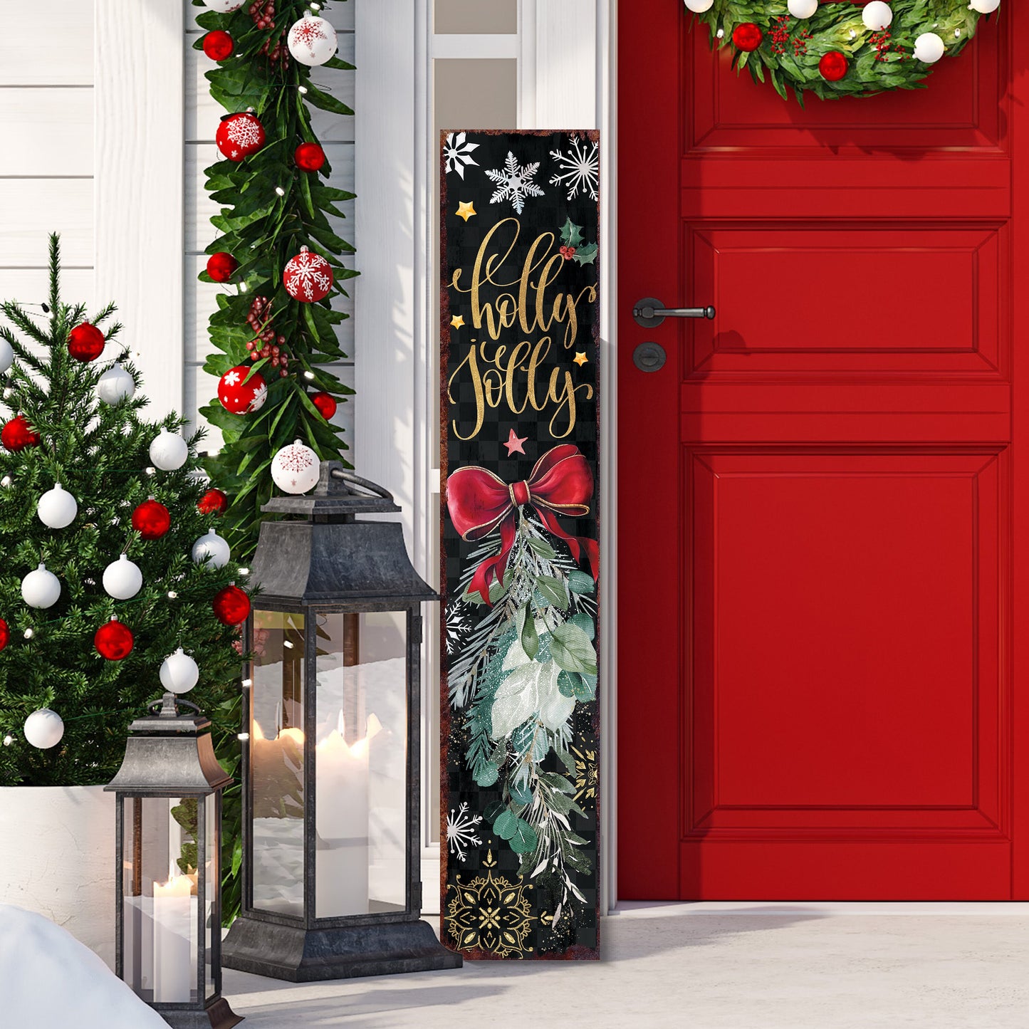48in Holly Jolly Christmas Porch Sign - Front Porch Christmas Decor Welcome Sign, Rustic Modern Farmhouse Entryway Board