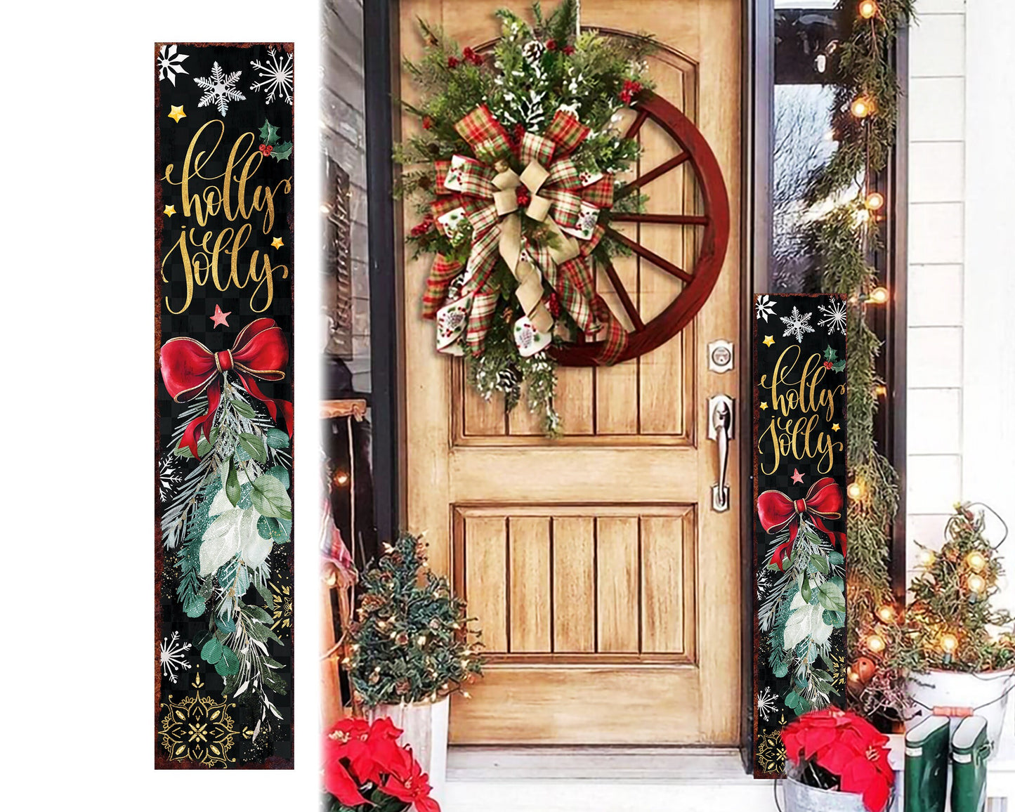 48in Holly Jolly Christmas Porch Sign - Front Porch Christmas Decor Welcome Sign, Rustic Modern Farmhouse Entryway Board
