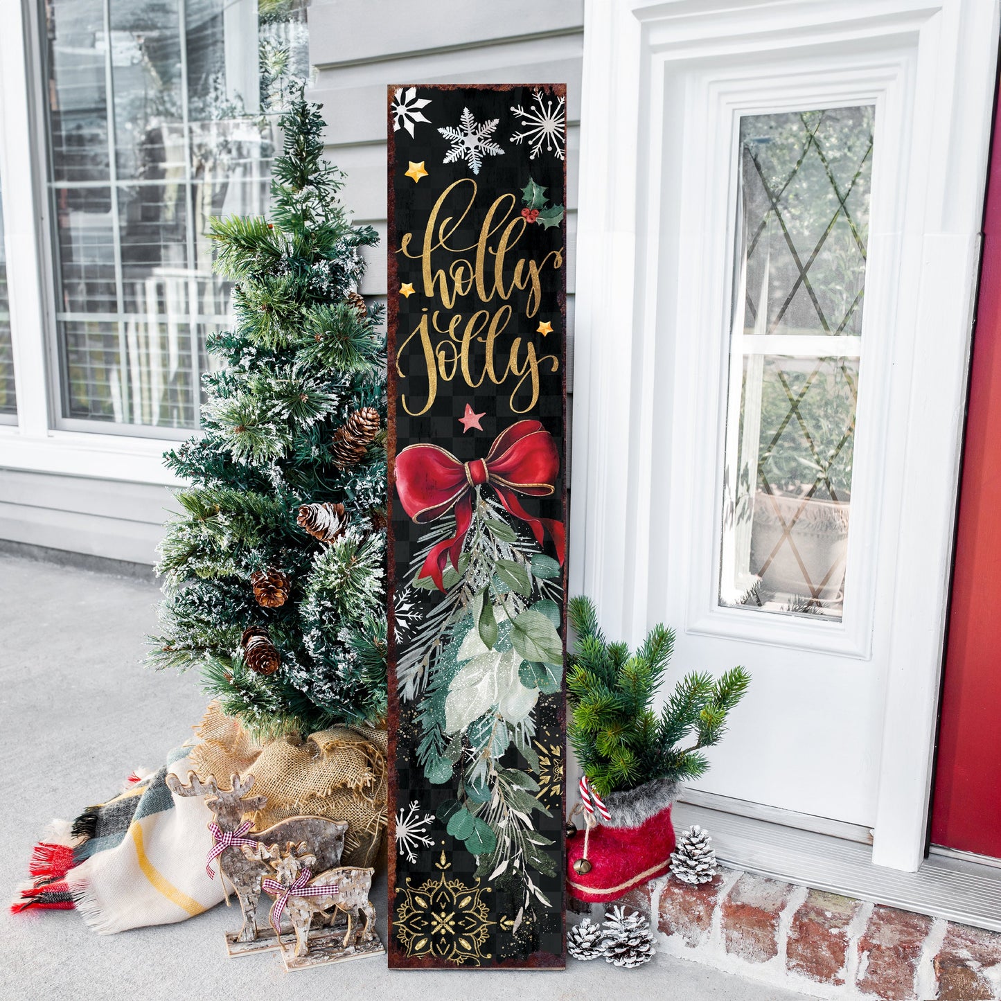 36in Holly Jolly Christmas Porch Sign - Front Porch Christmas Welcome Sign, Rustic Modern Farmhouse Entryway Board
