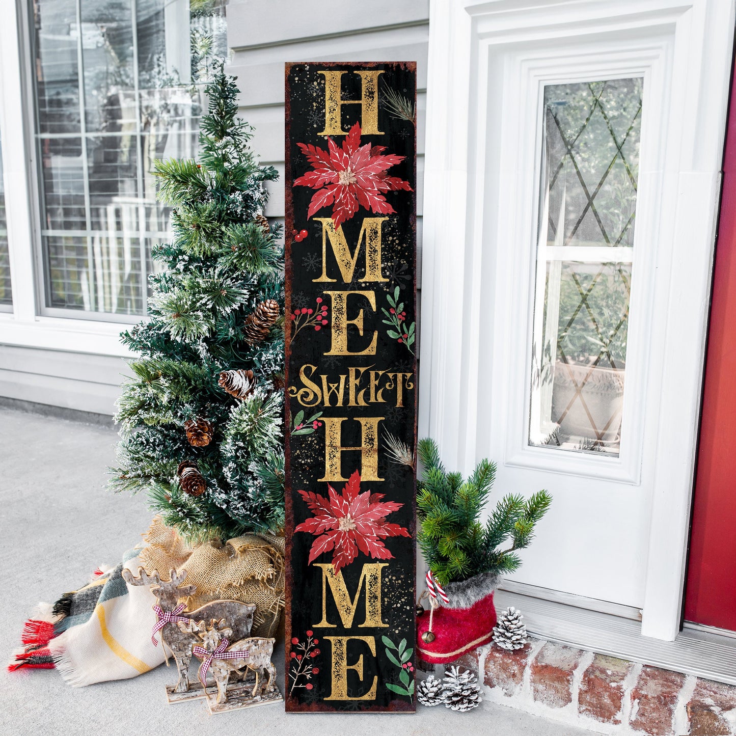 48in "Home Sweet Home" Christmas Porch Sign - Front Porch Christmas Welcome Sign, Rustic Modern Farmhouse Entryway Board