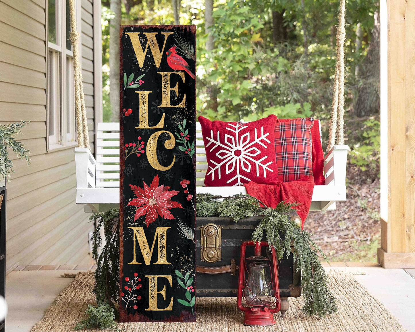 36in "Welcome" Christmas Porch Sign - Front Porch Christmas Welcome Sign, Rustic Modern Farmhouse Entryway Board
