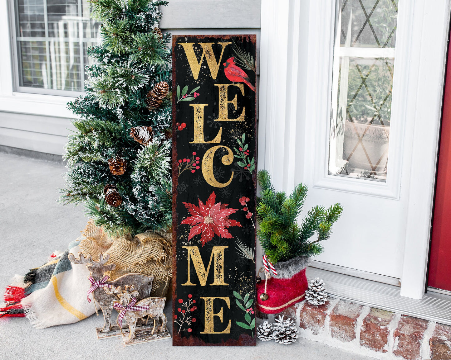 36in "Welcome" Christmas Porch Sign - Front Porch Christmas Welcome Sign, Rustic Modern Farmhouse Entryway Board