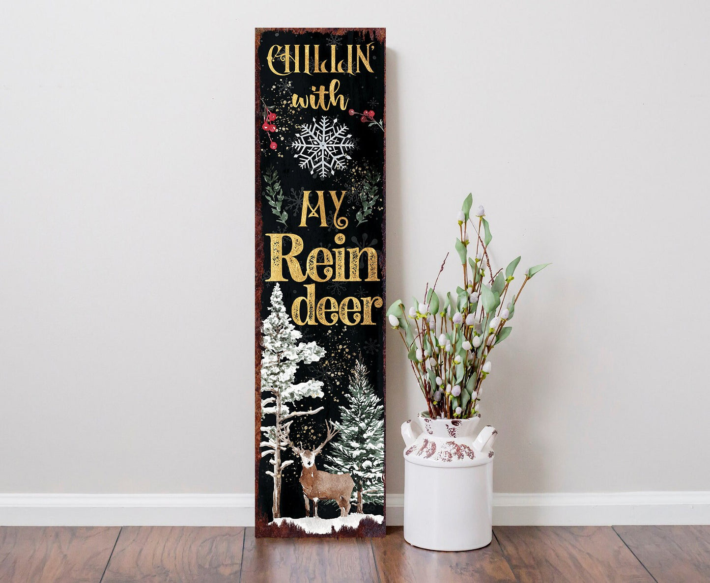 36in "Chillin' with My Reindeer" Christmas Porch Sign - Front Porch Christmas Welcome Sign, Rustic Modern Farmhouse Entryway Board