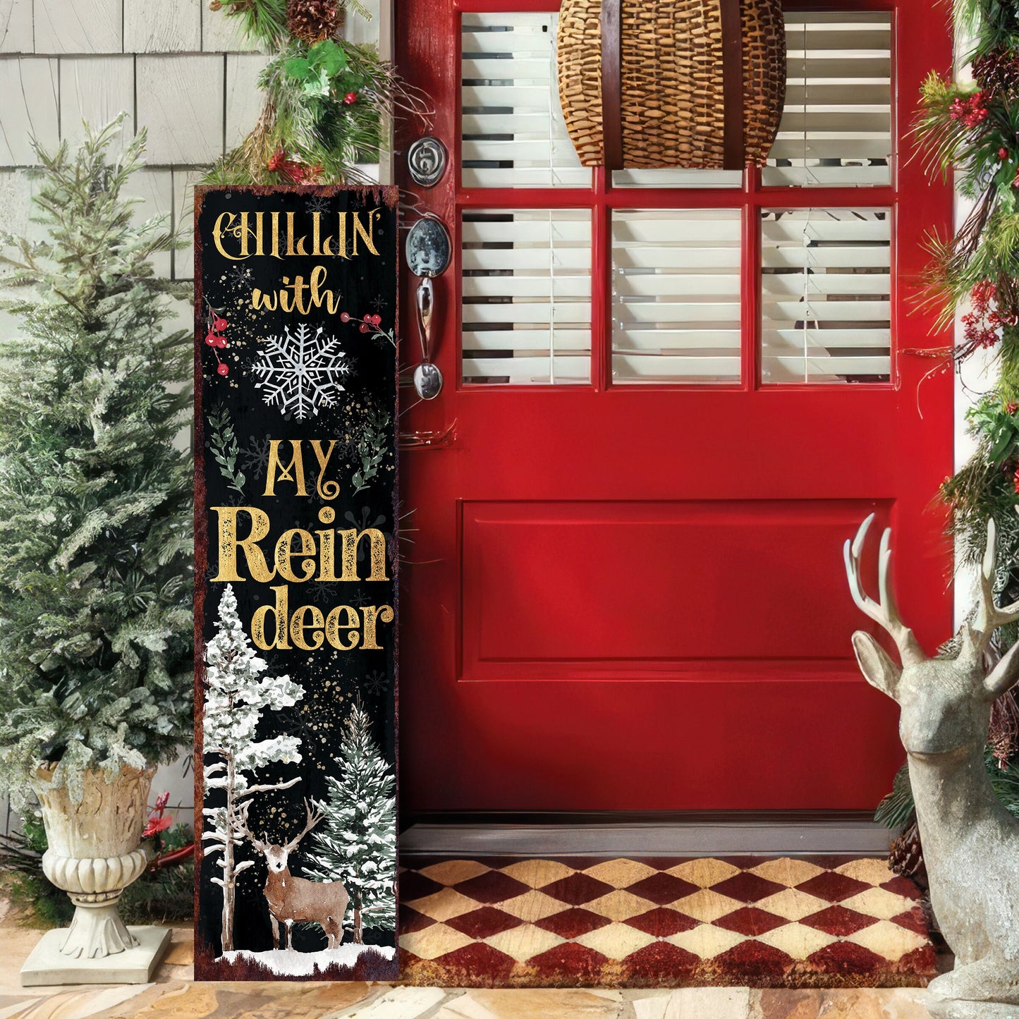 36in "Chillin' with My Reindeer" Christmas Porch Sign - Front Porch Christmas Welcome Sign, Rustic Modern Farmhouse Entryway Board