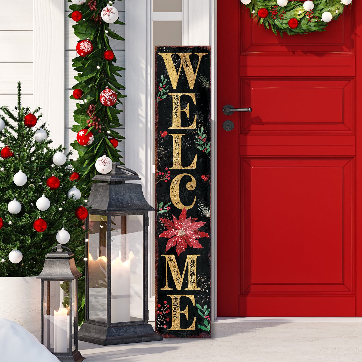 48in Welcome Christmas Porch Sign - Front Porch Christmas Welcome Sign, Rustic Modern Farmhouse Entryway Board
