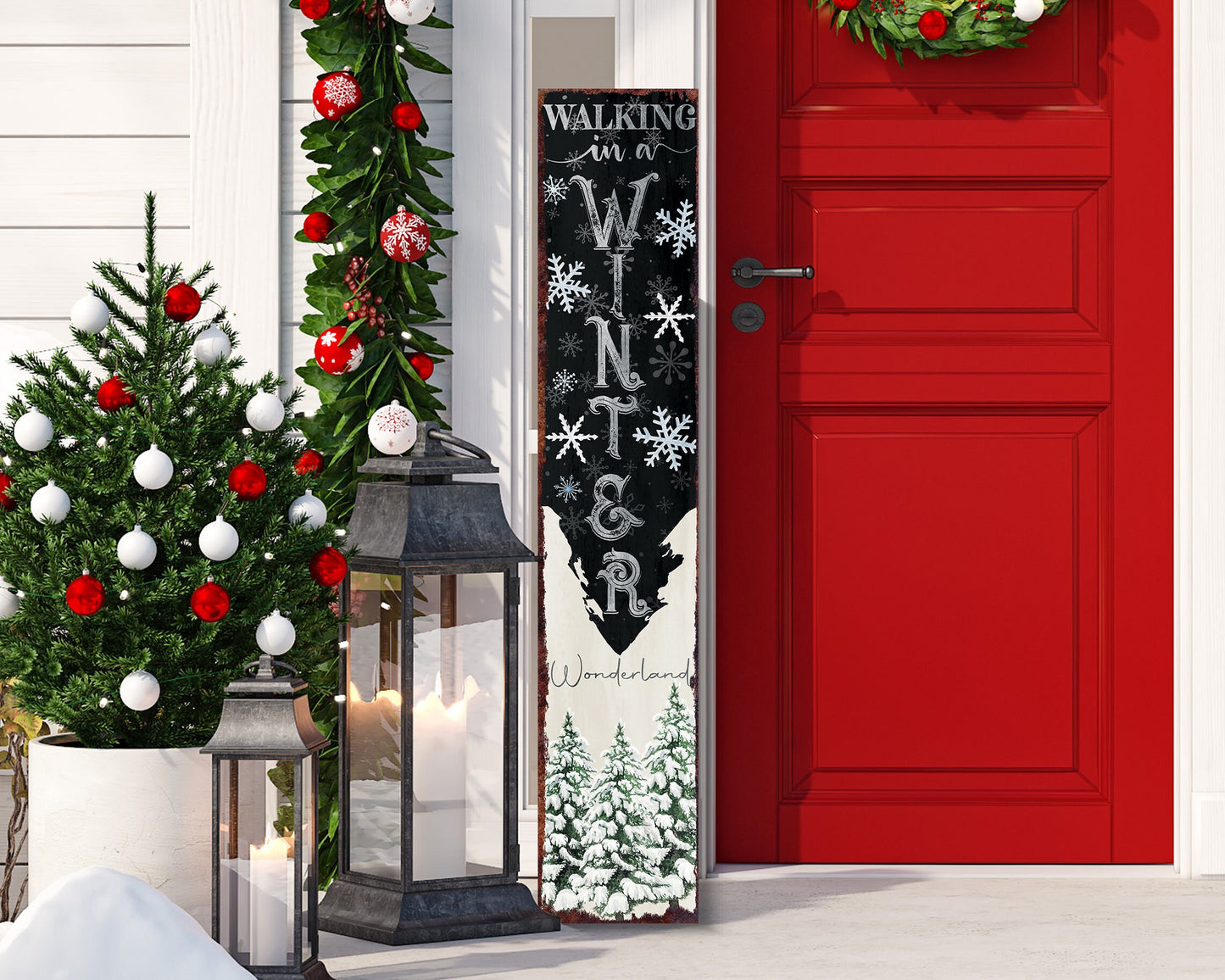 48in "Walking in a Winter Wonderland" Christmas Porch Sign - Front Porch Christmas Welcome Sign, Rustic Modern Farmhouse Entryway Board