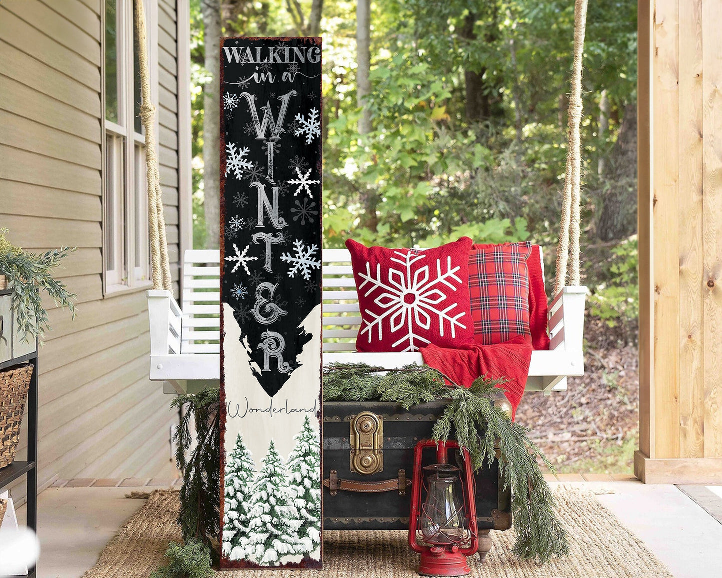 48in "Walking in a Winter Wonderland" Christmas Porch Sign - Front Porch Christmas Welcome Sign, Rustic Modern Farmhouse Entryway Board