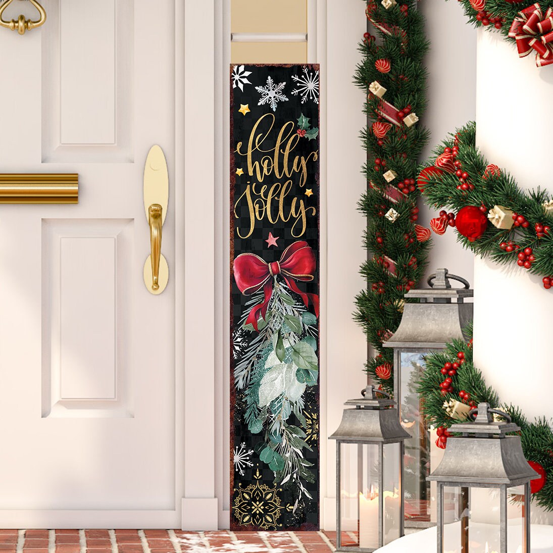48in Holly Jolly Christmas Porch Sign - Front Porch Christmas Decor Welcome Sign, Rustic Modern Farmhouse Entryway Board