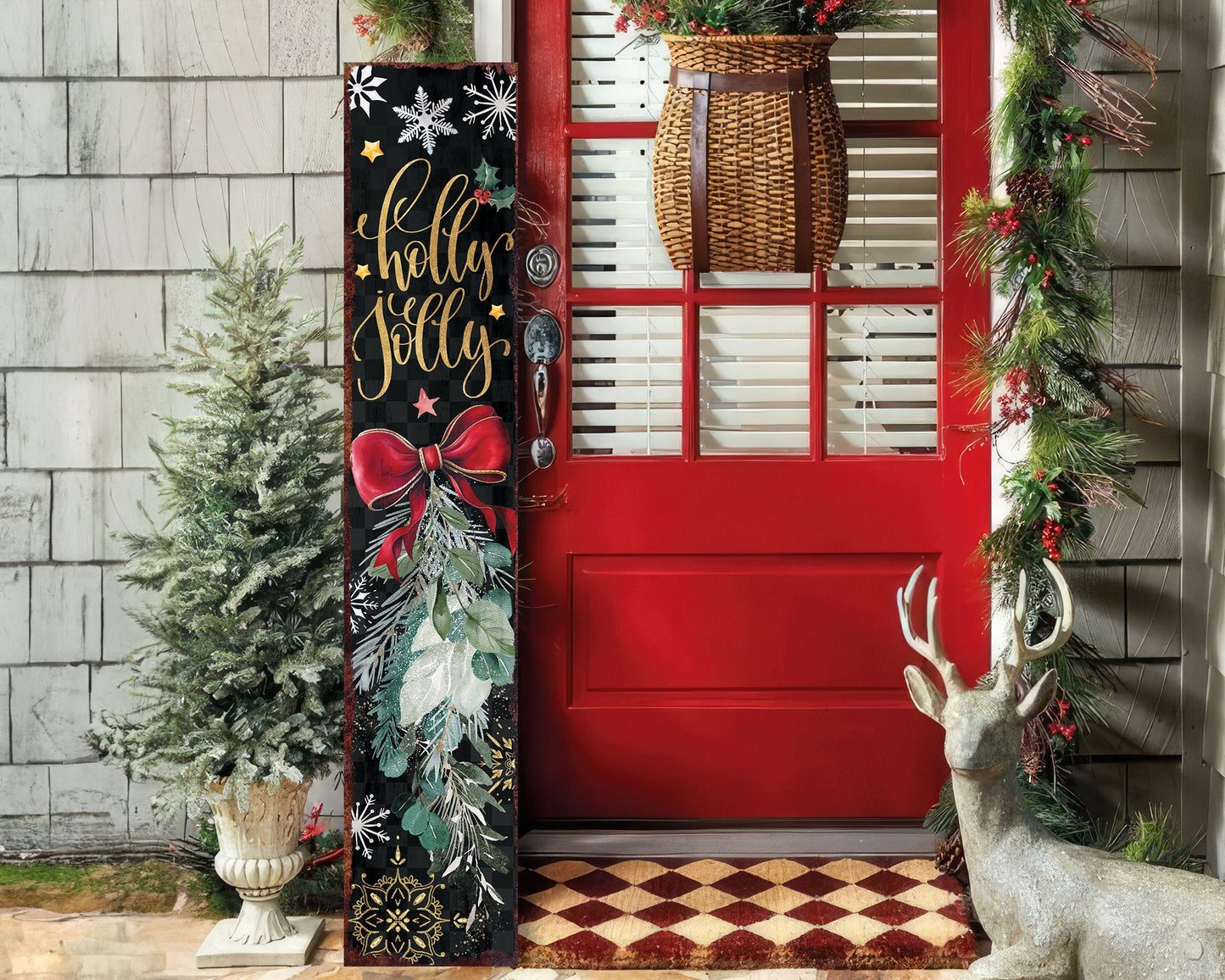 36in Holly Jolly Christmas Porch Sign - Front Porch Christmas Welcome Sign, Rustic Modern Farmhouse Entryway Board