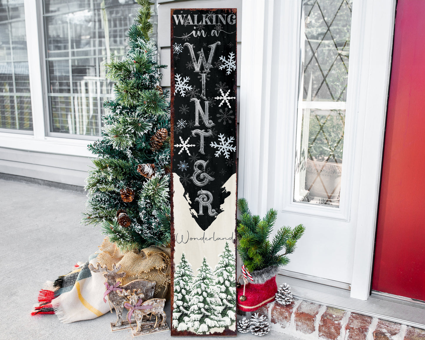 48in "Walking in a Winter Wonderland" Christmas Porch Sign - Front Porch Christmas Welcome Sign, Rustic Modern Farmhouse Entryway Board