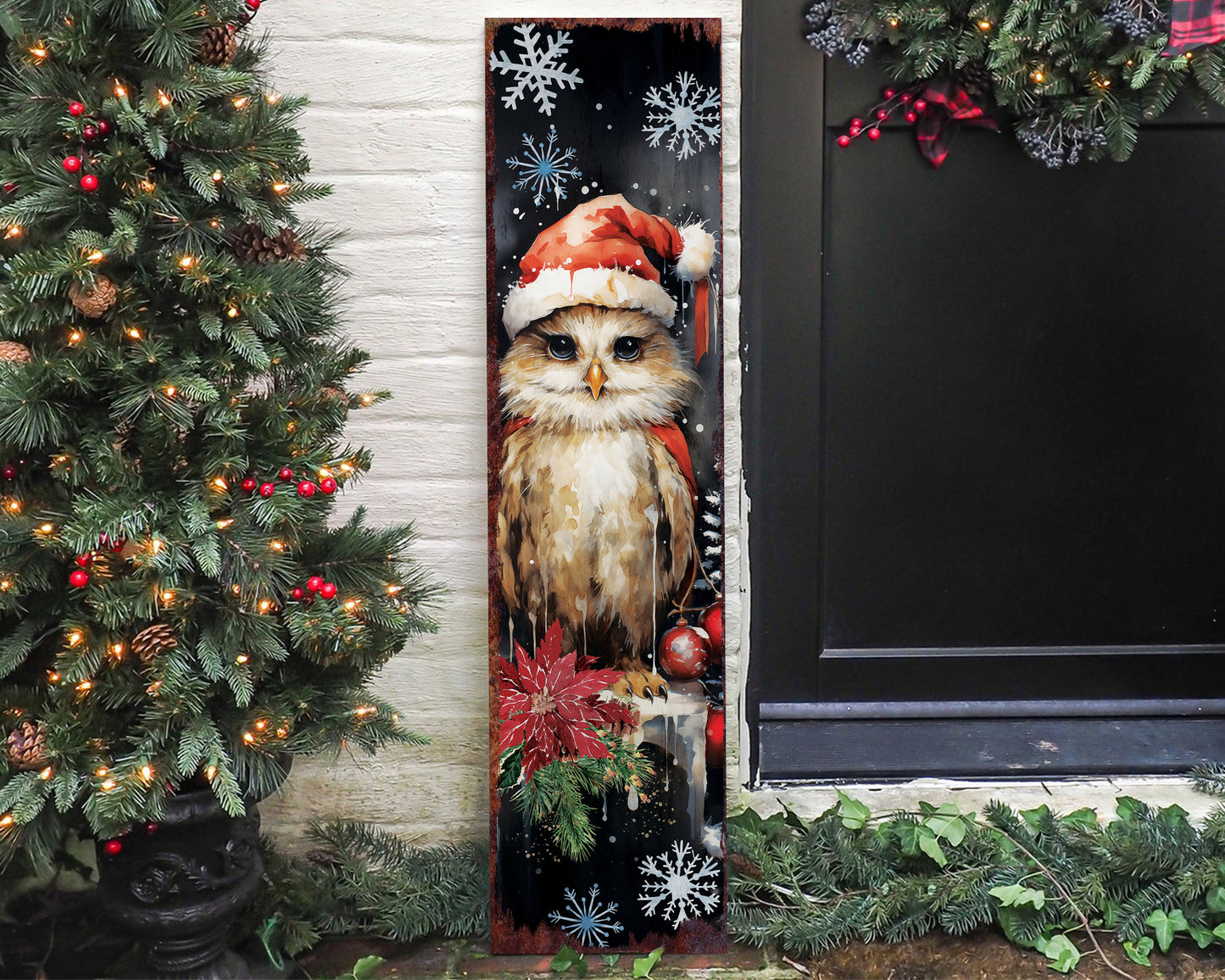 Christmas Owl Porch Sign | Farmhouse Outdoor Holiday Welcome Sign 36in