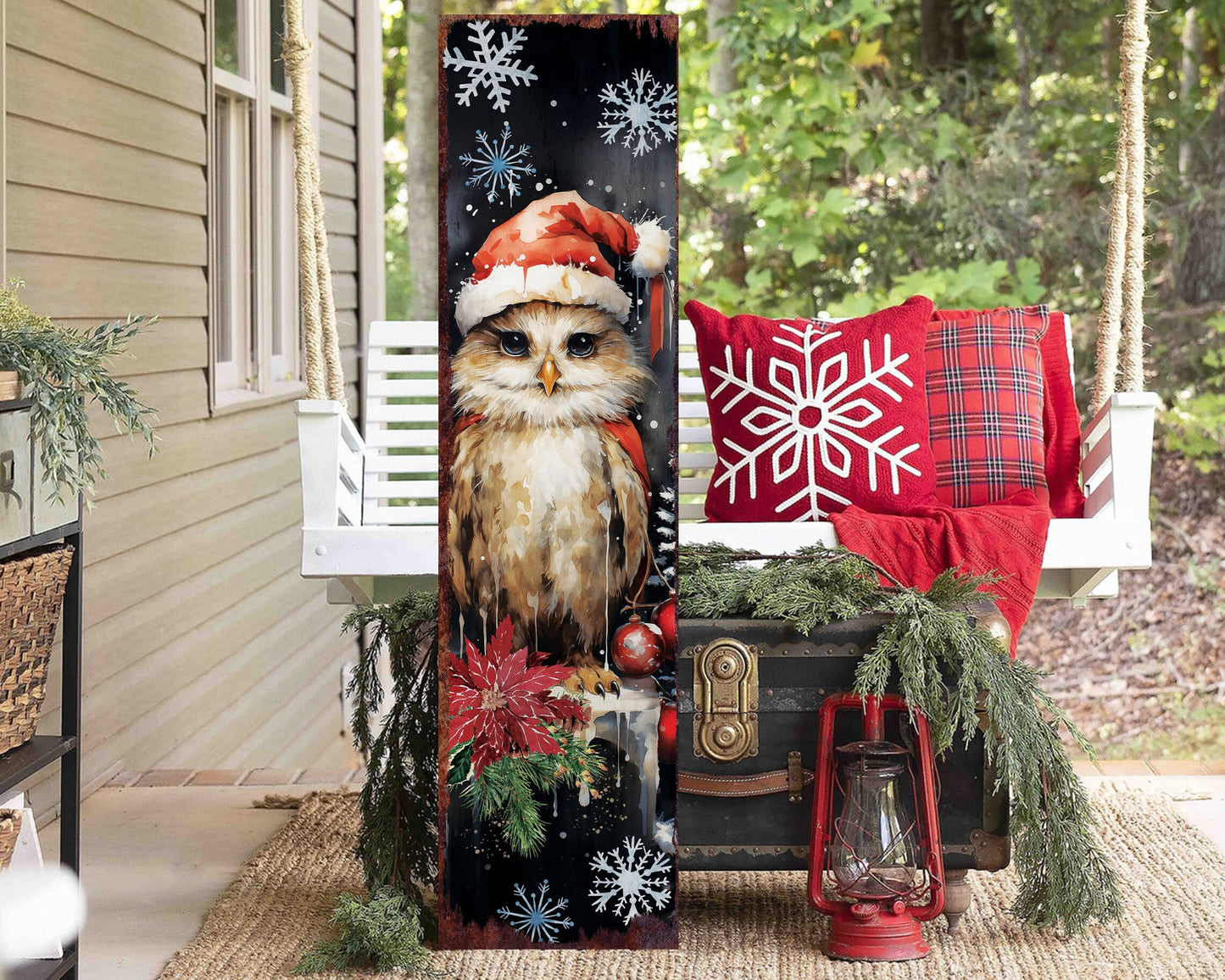 Christmas Owl Porch Sign | Farmhouse Outdoor Holiday Welcome Sign 36in