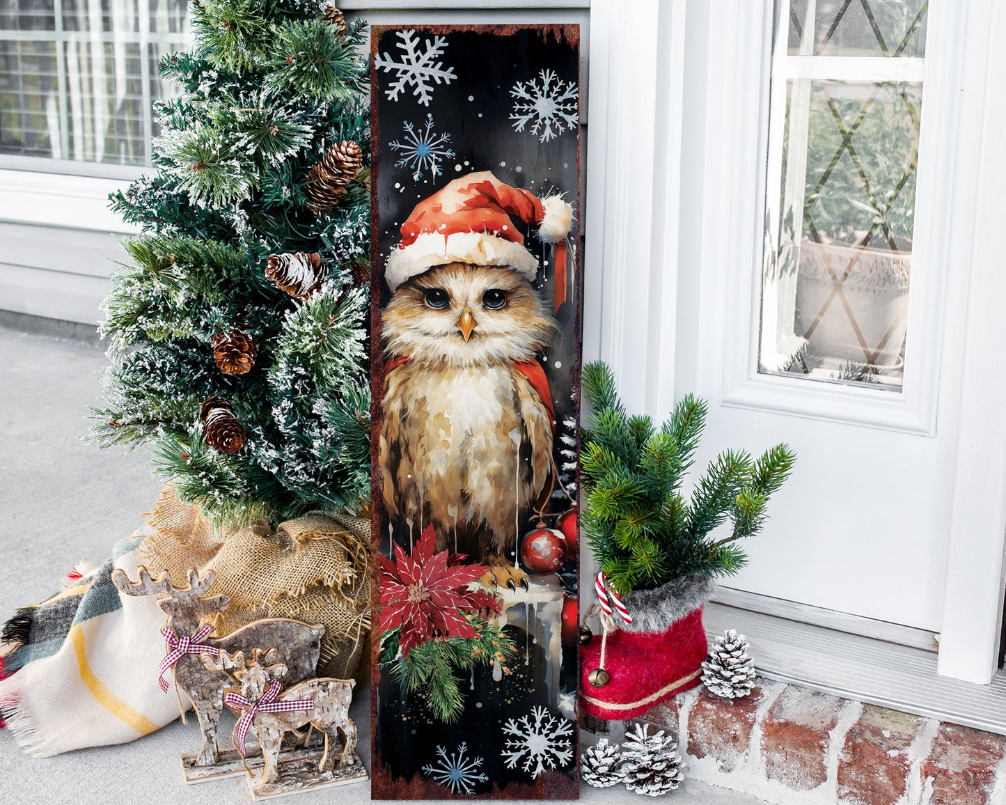 Christmas Owl Porch Sign | Farmhouse Outdoor Holiday Welcome Sign 36in