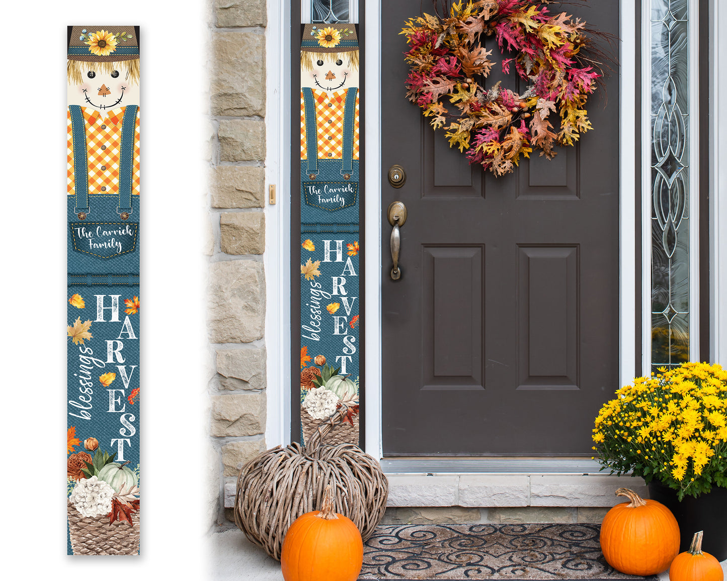 Rustic Farmhouse Welcome Sign - Personalized Text Porch Sign with Harvest Blessings Scarecrow Design - Housewarming Gift Porch Decor