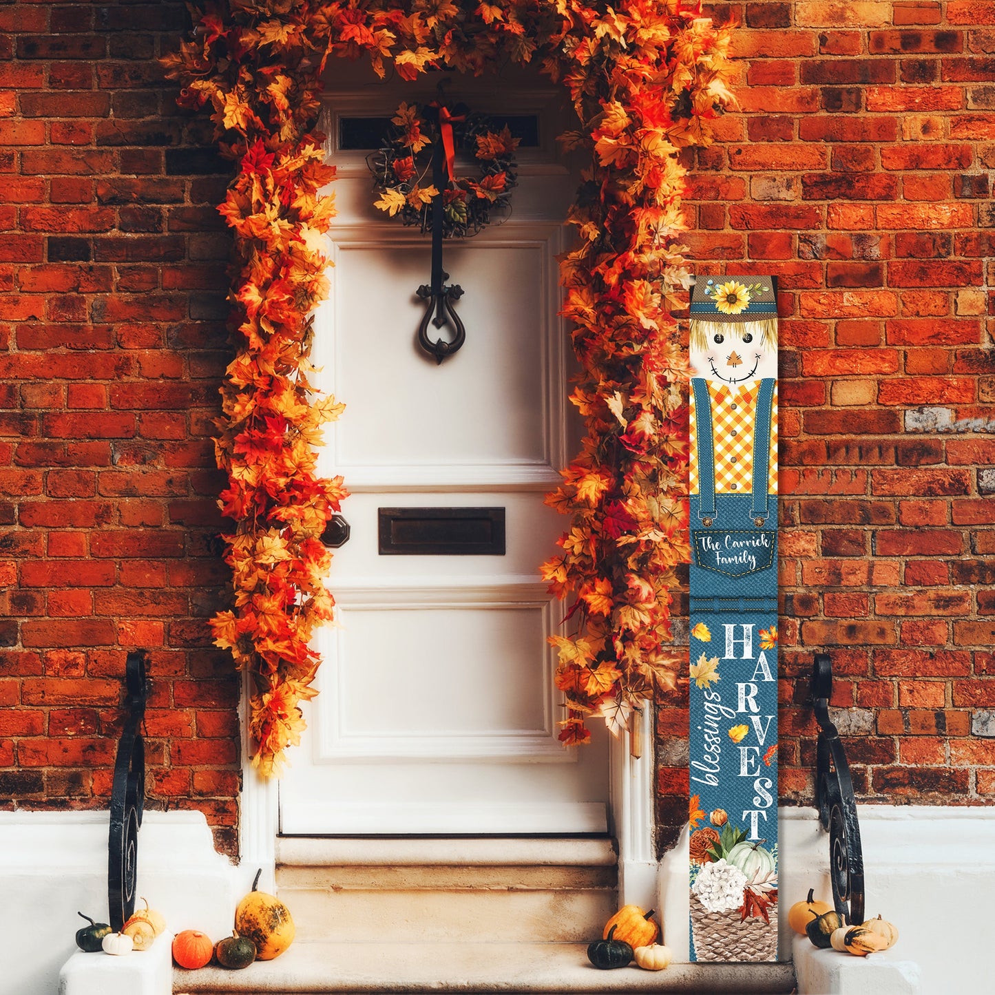 Rustic Farmhouse Welcome Sign - Personalized Text Porch Sign with Harvest Blessings Scarecrow Design - Housewarming Gift Porch Decor