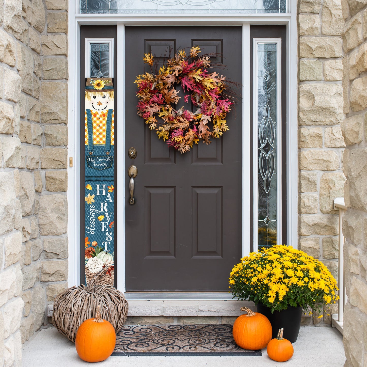 Rustic Farmhouse Welcome Sign - Personalized Text Porch Sign with Harvest Blessings Scarecrow Design - Housewarming Gift Porch Decor