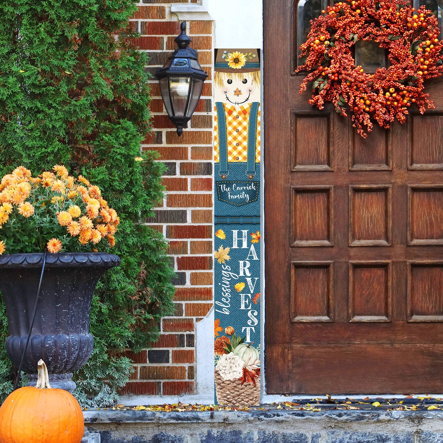 Rustic Farmhouse Welcome Sign - Personalized Text Porch Sign with Harvest Blessings Scarecrow Design - Housewarming Gift Porch Decor