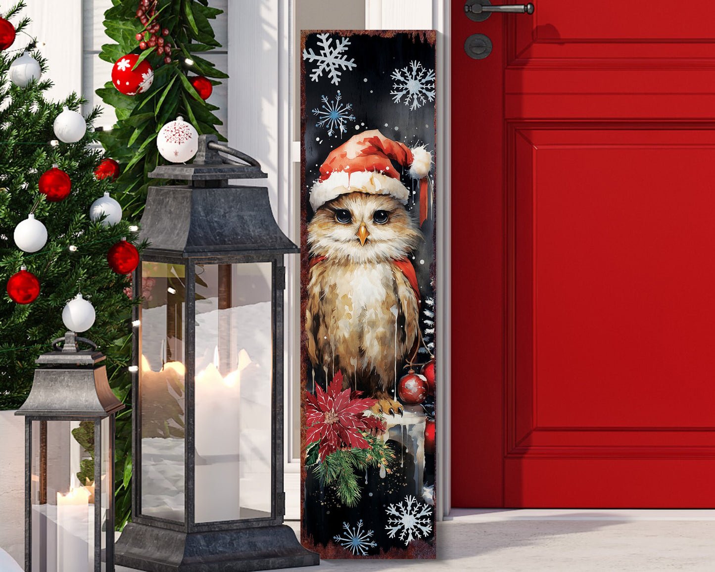 Christmas Owl Porch Sign | Farmhouse Outdoor Holiday Welcome Sign 36in