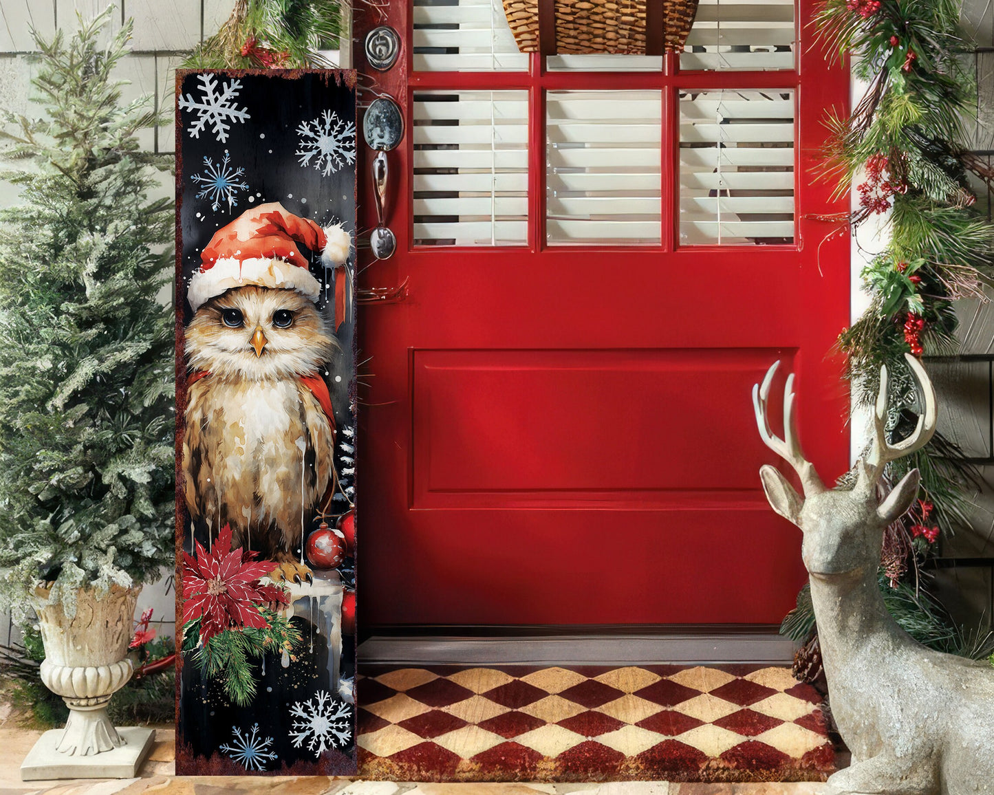 Christmas Owl Porch Sign | Farmhouse Outdoor Holiday Welcome Sign 36in