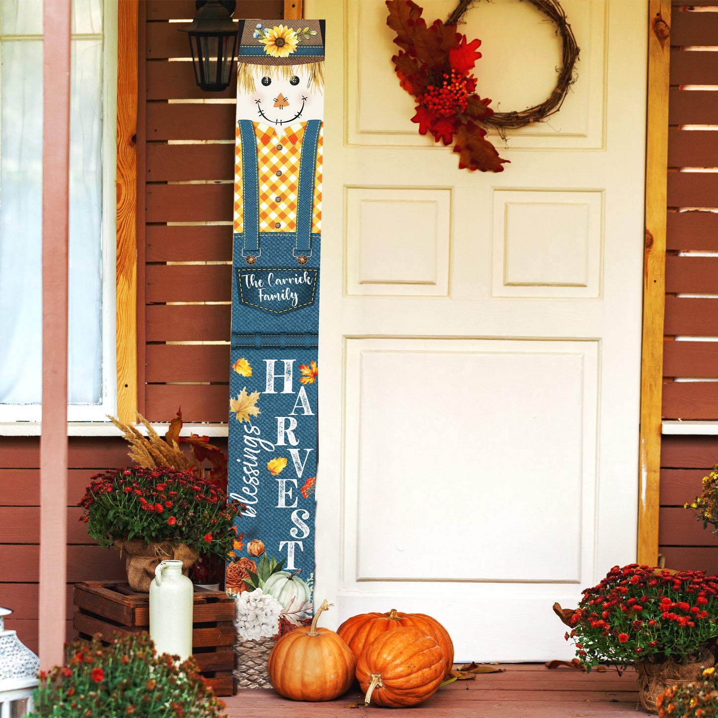 Rustic Farmhouse Welcome Sign - Personalized Text Porch Sign with Harvest Blessings Scarecrow Design - Housewarming Gift Porch Decor