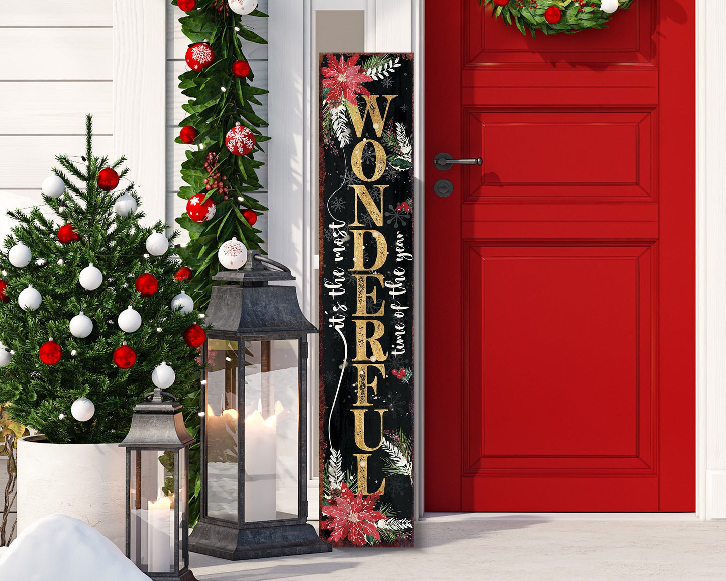 48in Rustic Farmhouse Christmas Porch Sign | 'It's The Most Wonderful Time of The Year' | Front Porch Welcome Sign | Holiday Entryway Decor