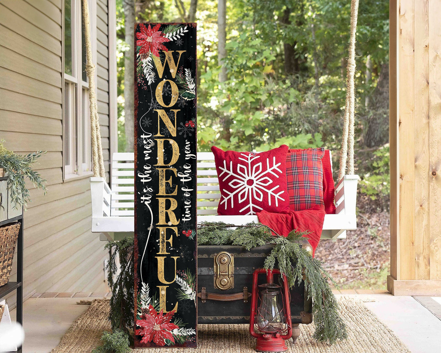 48in Rustic Farmhouse Christmas Porch Sign | 'It's The Most Wonderful Time of The Year' | Front Porch Welcome Sign | Holiday Entryway Decor