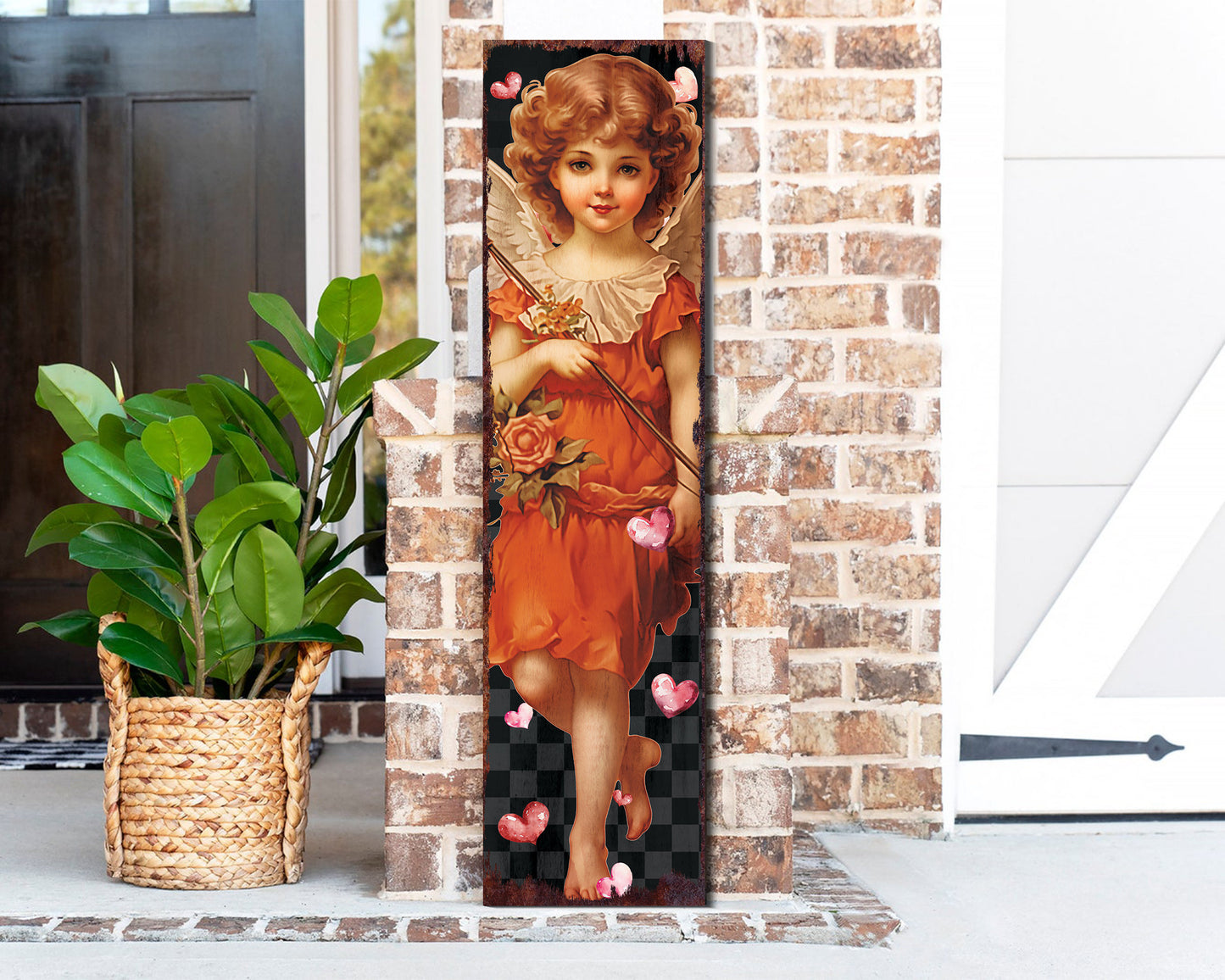 Rustic Modern Farmhouse Entryway Board - 36in Cupid Valentine's Day Porch Sign, Front Porch Valentine's Welcome Sign