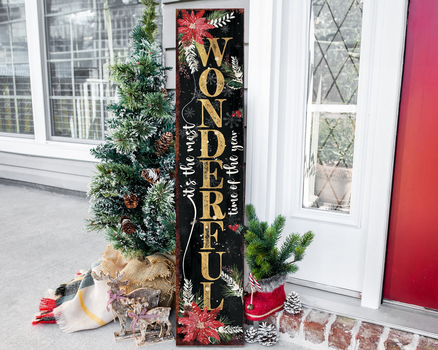48in Rustic Farmhouse Christmas Porch Sign | 'It's The Most Wonderful Time of The Year' | Front Porch Welcome Sign | Holiday Entryway Decor