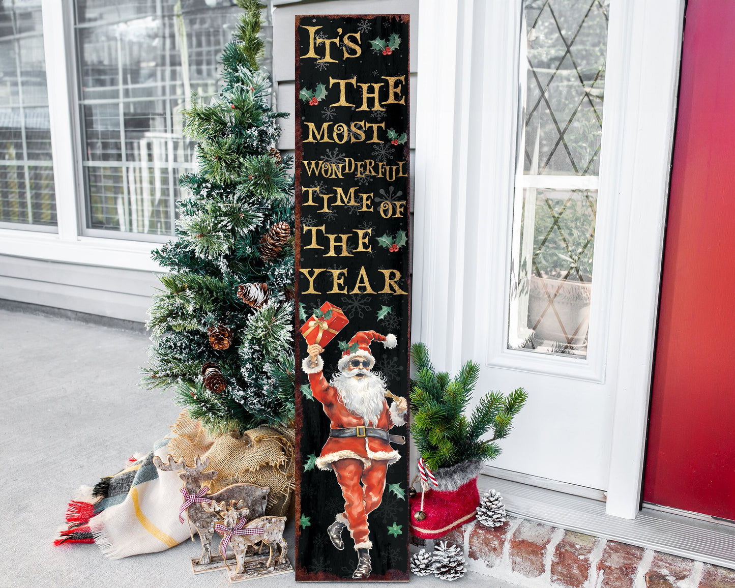 Rustic Farmhouse Christmas Porch Sign - 'It's The Most Wonderful Time of The Year' 48in Front Porch Welcome Sign - Holiday Entryway Decor