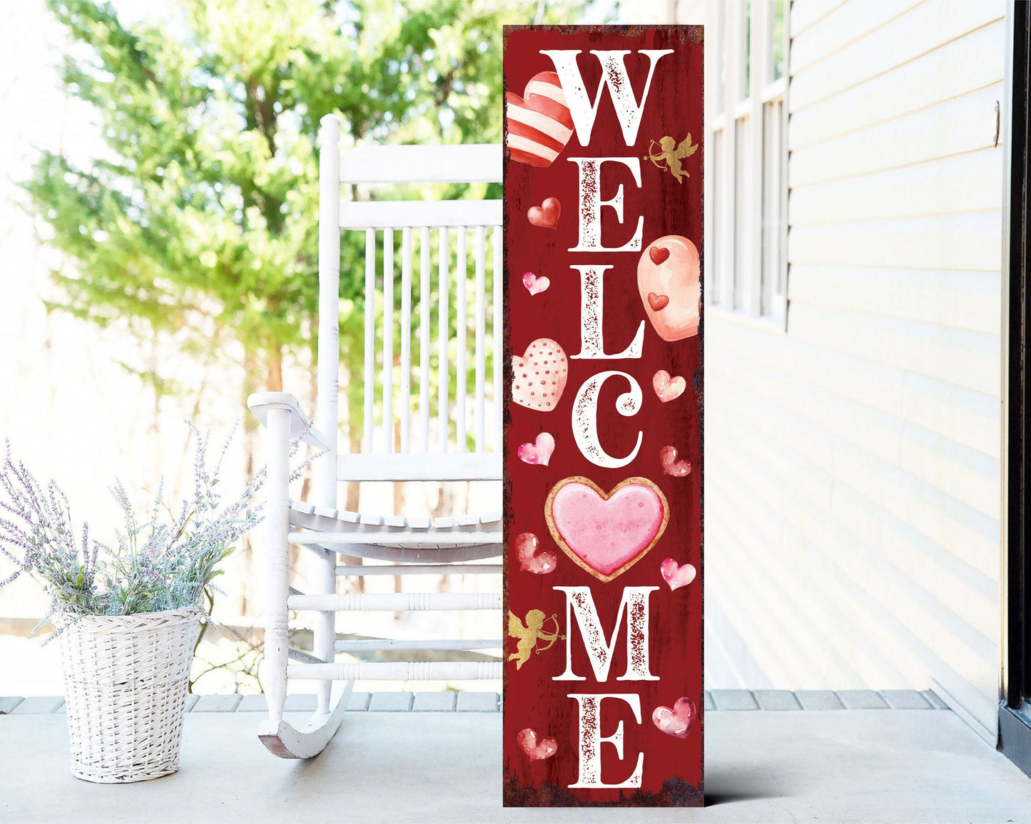 Rustic Modern Farmhouse Entryway Board - 36in 'Welcome' Valentine's Day Porch Sign, Front Porch Valentine's Welcome Sign