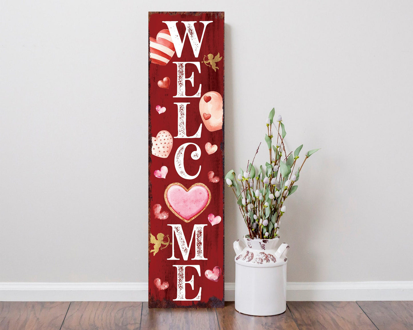 Rustic Modern Farmhouse Entryway Board - 36in 'Welcome' Valentine's Day Porch Sign, Front Porch Valentine's Welcome Sign