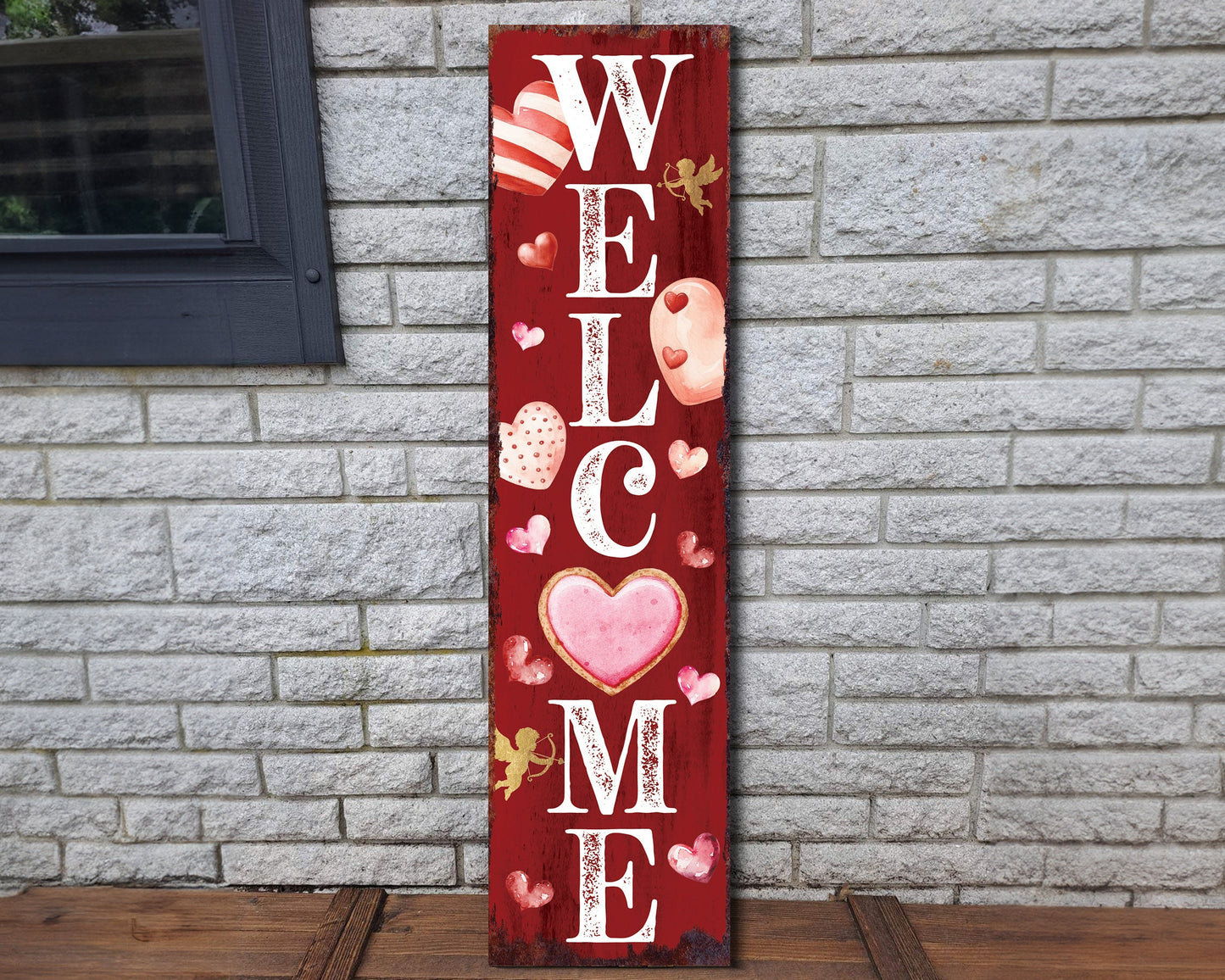 Rustic Modern Farmhouse Entryway Board - 36in 'Welcome' Valentine's Day Porch Sign, Front Porch Valentine's Welcome Sign