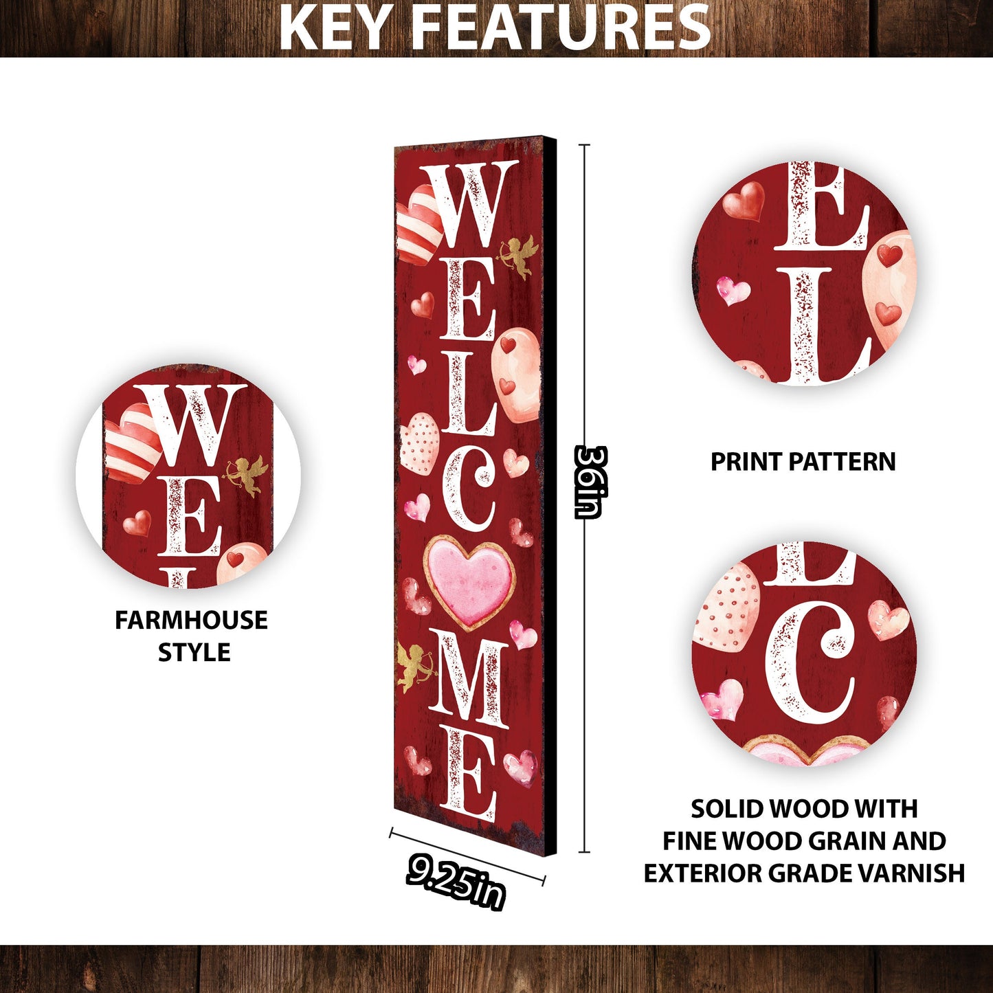 Rustic Modern Farmhouse Entryway Board - 36in 'Welcome' Valentine's Day Porch Sign, Front Porch Valentine's Welcome Sign