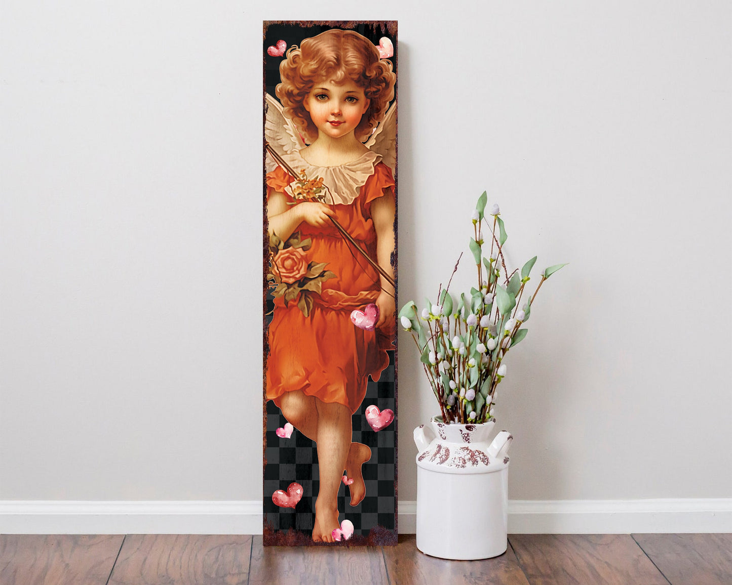 Rustic Modern Farmhouse Entryway Board - 36in Cupid Valentine's Day Porch Sign, Front Porch Valentine's Welcome Sign