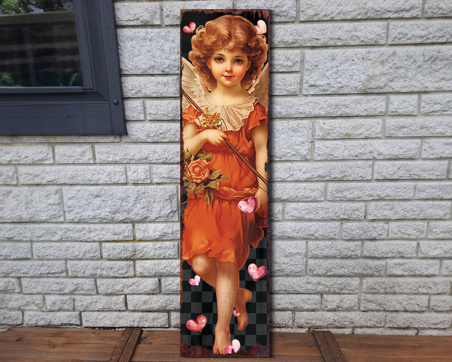 Rustic Modern Farmhouse Entryway Board - 36in Cupid Valentine's Day Porch Sign, Front Porch Valentine's Welcome Sign