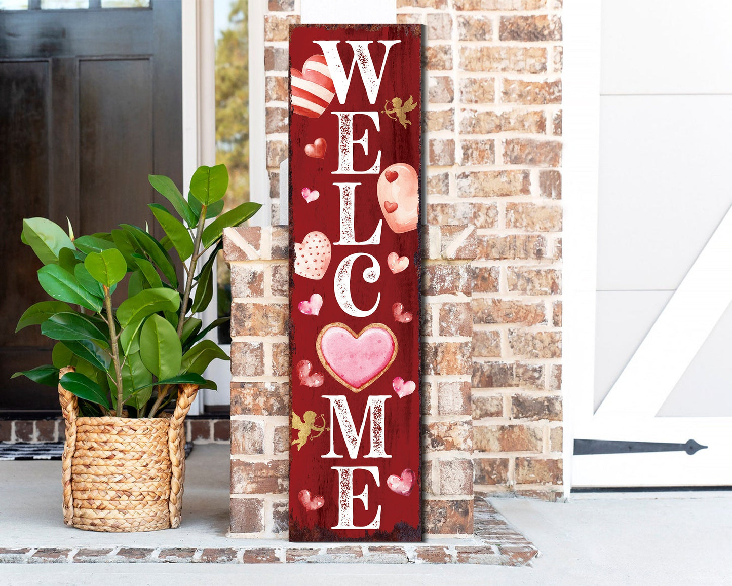 Rustic Modern Farmhouse Entryway Board - 36in 'Welcome' Valentine's Day Porch Sign, Front Porch Valentine's Welcome Sign