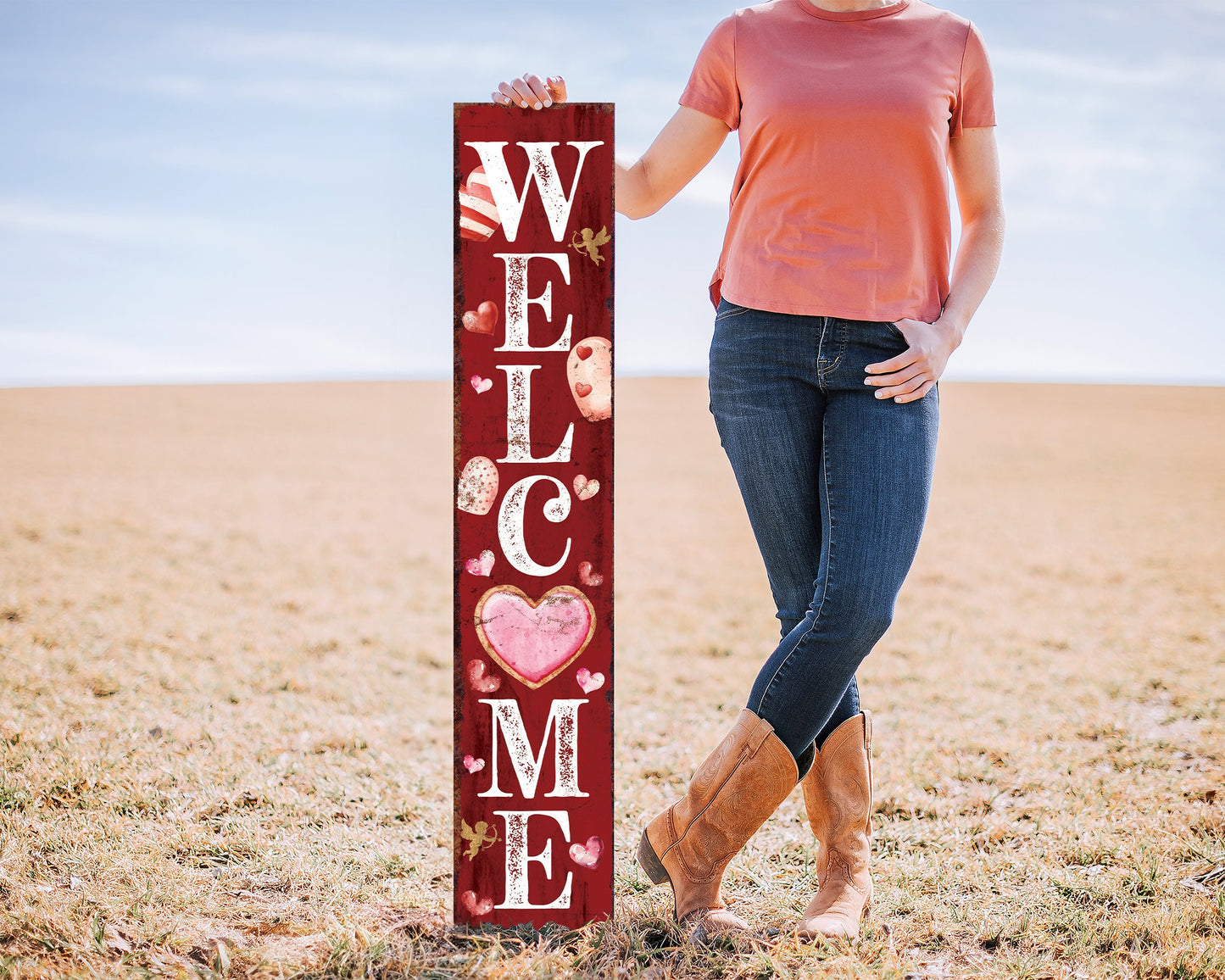 48in 'Welcome' Valentine's Day Porch Sign, Front Porch Valentine's Welcome Sign