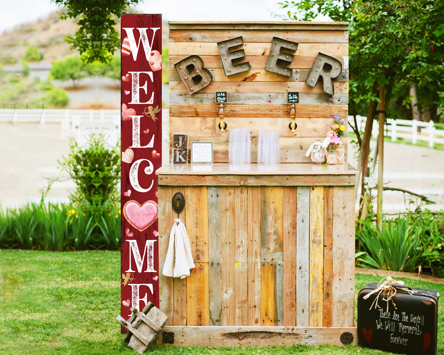 Rustic Modern Farmhouse Entryway Board - 72in 'Welcome' Valentine's Day Porch Sign, Front Porch Valentine's Welcome Sign