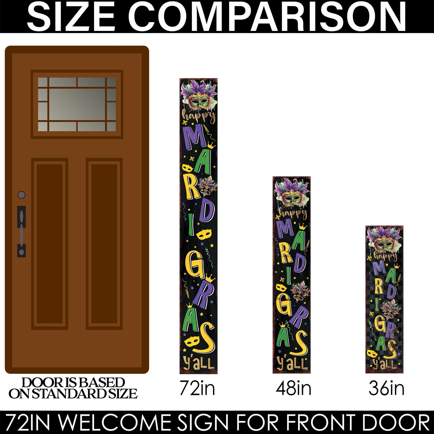 72-Inch 'Mardi Gras Y'all' Porch Sign, Rustic Modern Farmhouse Entryway Board, Front Porch Mardi Gras Welcome Sign