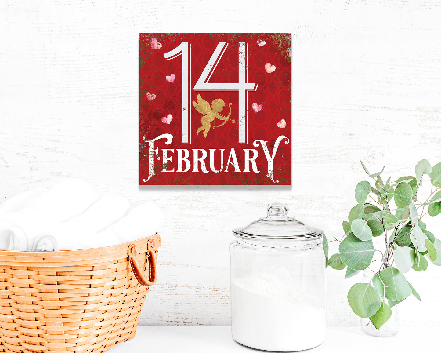 12-inch February 14 Valentine Sign, Vintage Valentine's Decor, Modern Farmhouse Mantel Entryway Decor, Valentine's Day Canvas Sign
