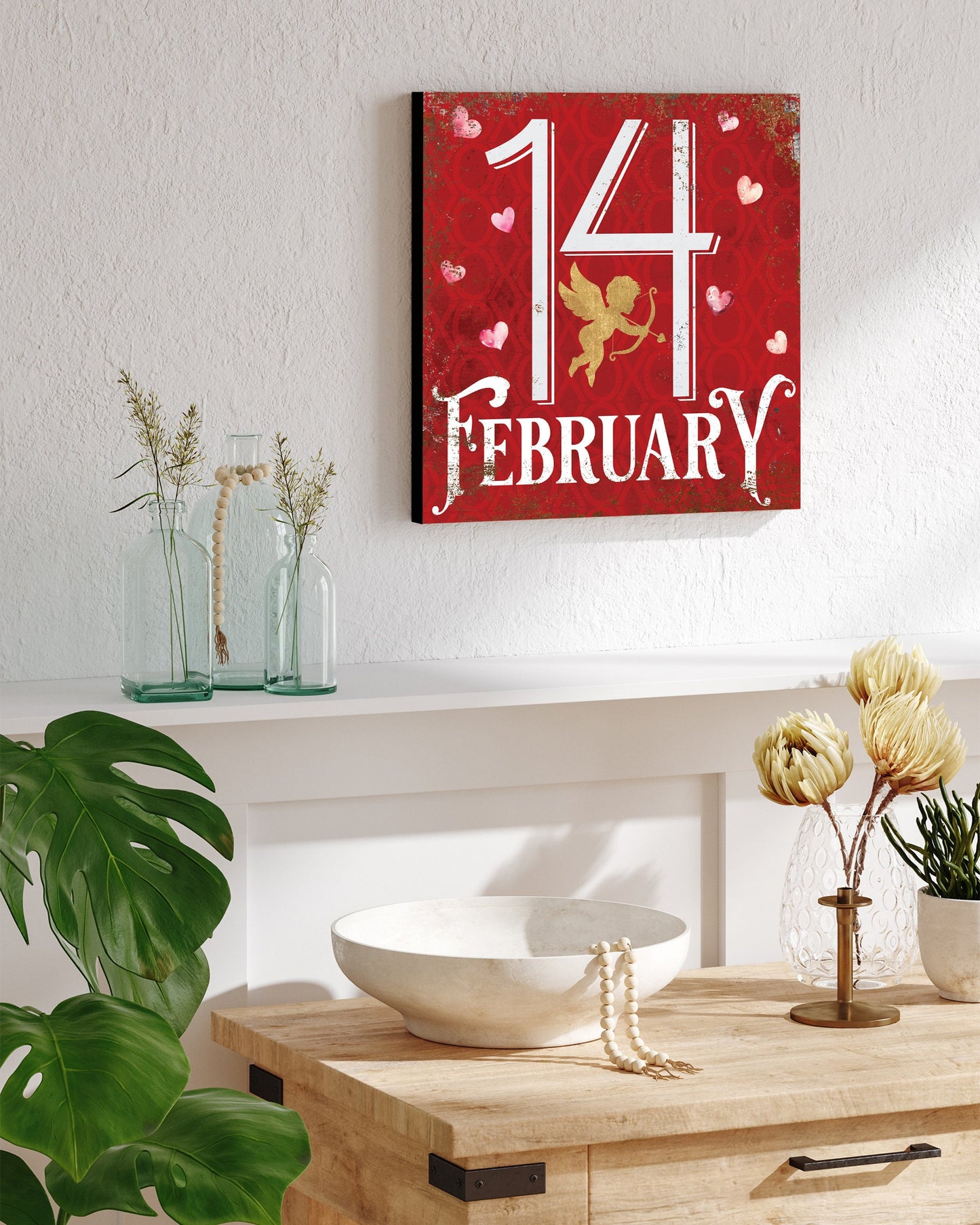 12-inch February 14 Valentine Sign, Vintage Valentine's Decor, Modern Farmhouse Mantel Entryway Decor, Valentine's Day Canvas Sign