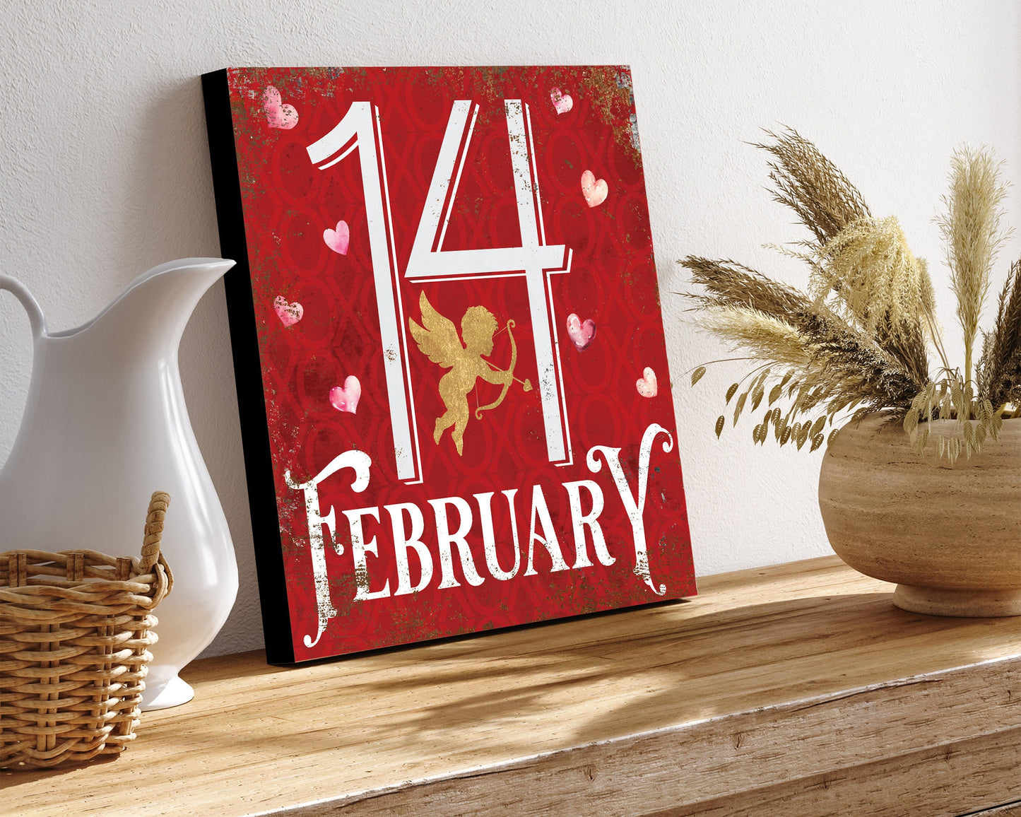 12-inch February 14 Valentine Sign, Vintage Valentine's Decor, Modern Farmhouse Mantel Entryway Decor, Valentine's Day Canvas Sign