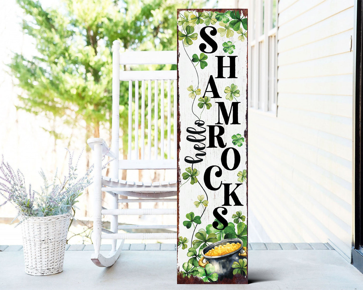 36-Inch Rustic Modern Farmhouse Entryway St. Patrick's Day "Hello Shamrocks" Sign for Front Porch, St.Patrick's Outdoor Decor for Front Door