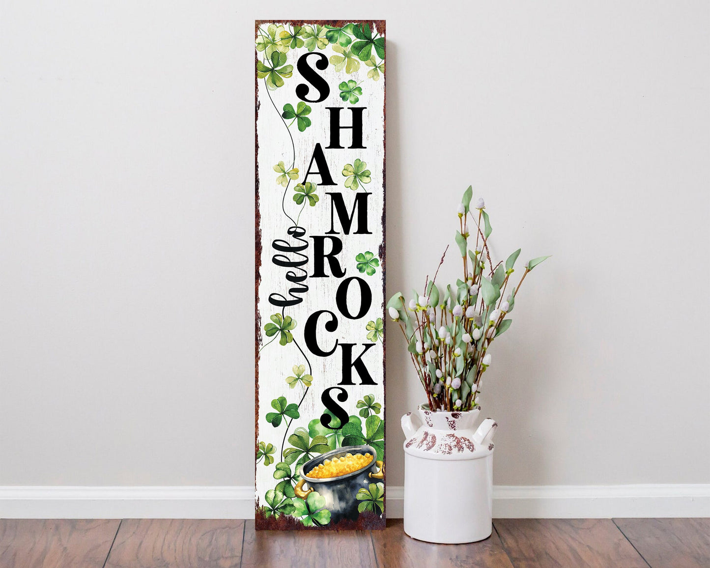 36-Inch Rustic Modern Farmhouse Entryway St. Patrick's Day "Hello Shamrocks" Sign for Front Porch, St.Patrick's Outdoor Decor for Front Door
