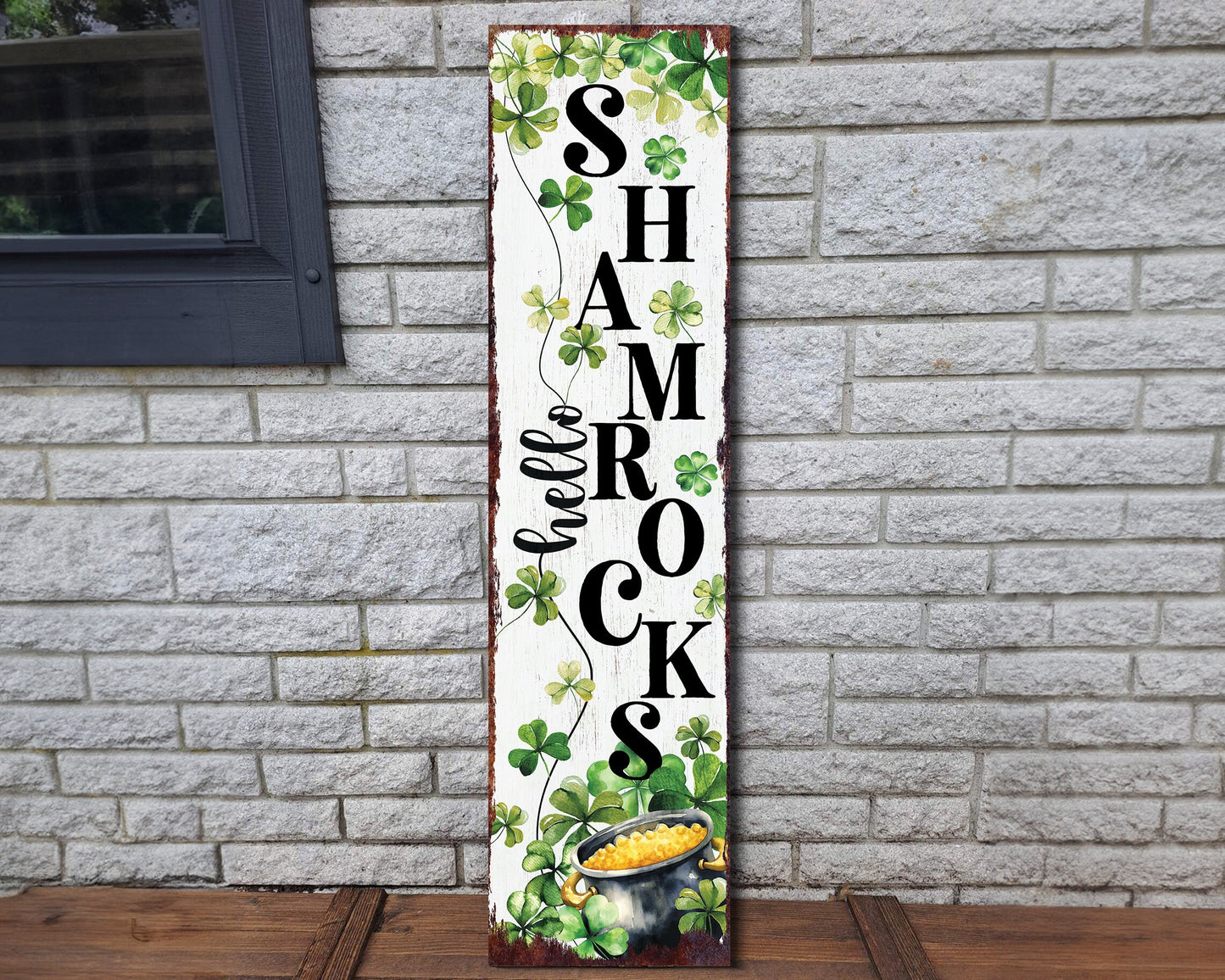 36-Inch Rustic Modern Farmhouse Entryway St. Patrick's Day "Hello Shamrocks" Sign for Front Porch, St.Patrick's Outdoor Decor for Front Door
